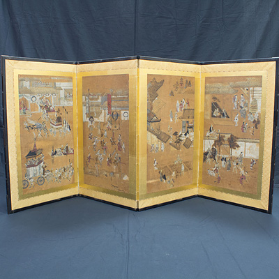 Four-fold screen of street scenes, Japan, early 20th century